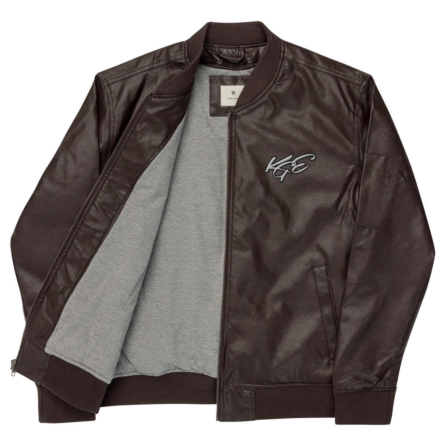 KGE Unlid Embroidery PU Leather Bomber Jacket